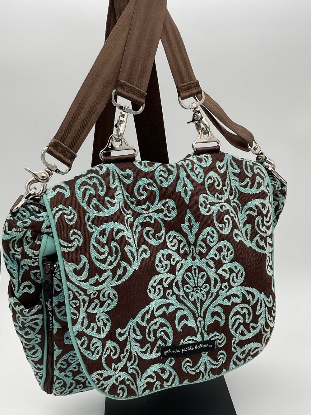 Petunia Pickle Bottom Brown and Aqua Damask Convertible Diaper Shoulder Bag